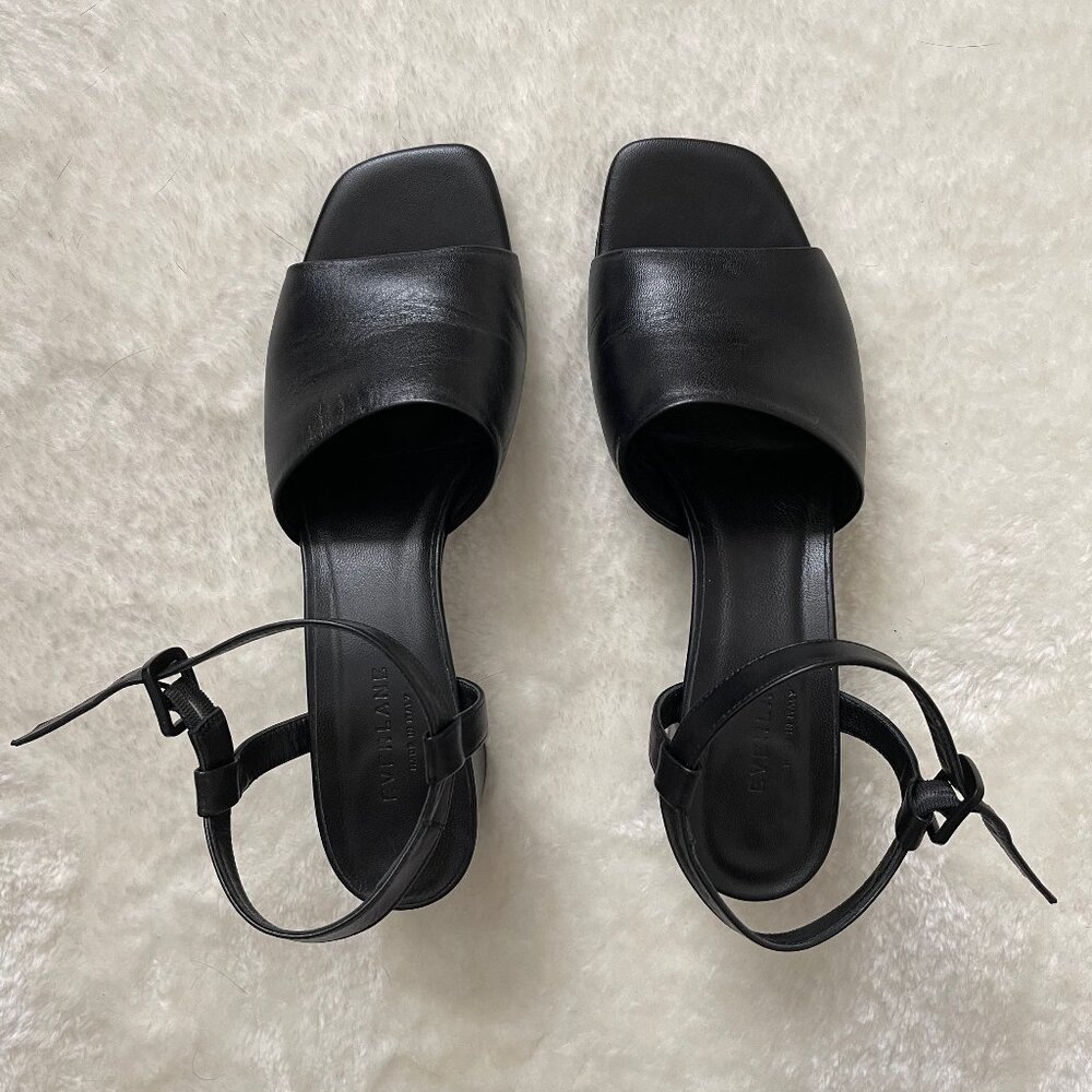 Everlane leather block heel ankle strap sandals in black, size 11